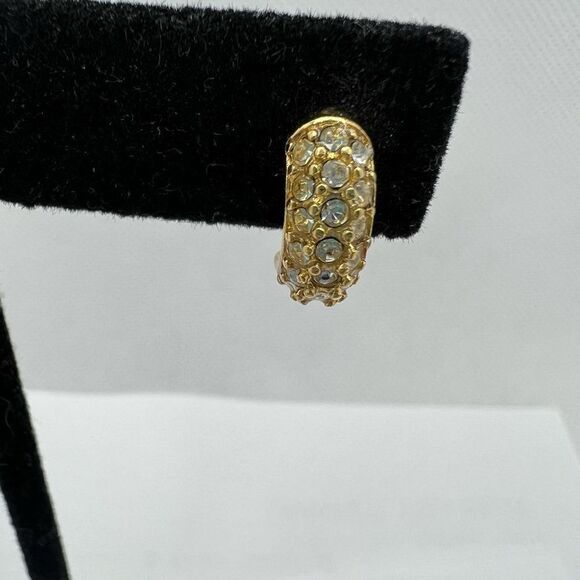 Vintage Monet Rhinestone Studded Gold Hoop Earrings - Picture 7 of 9